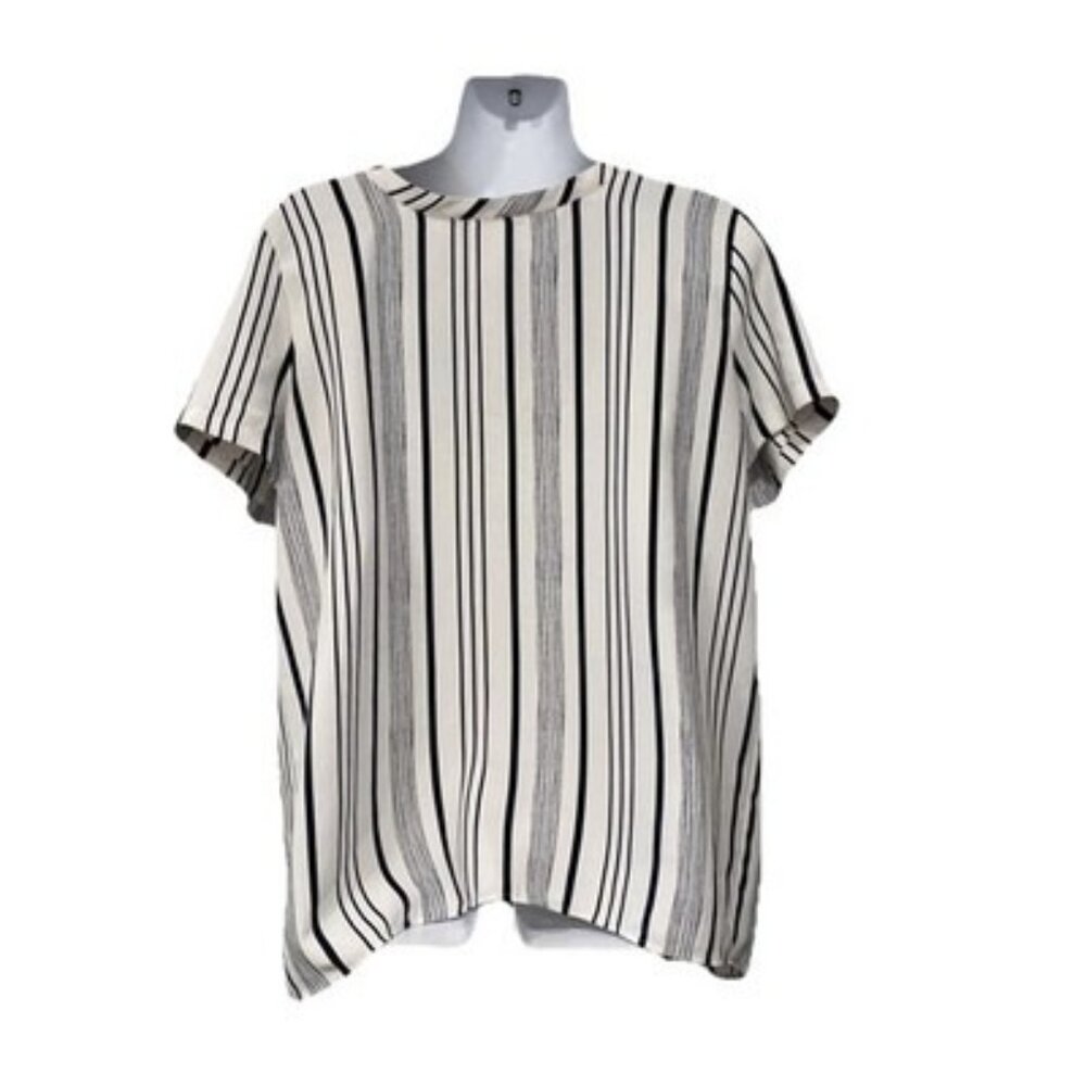 LOFT Ann Taylor Blue White Striped Blouse Size M cap Sleeves Office Dressy